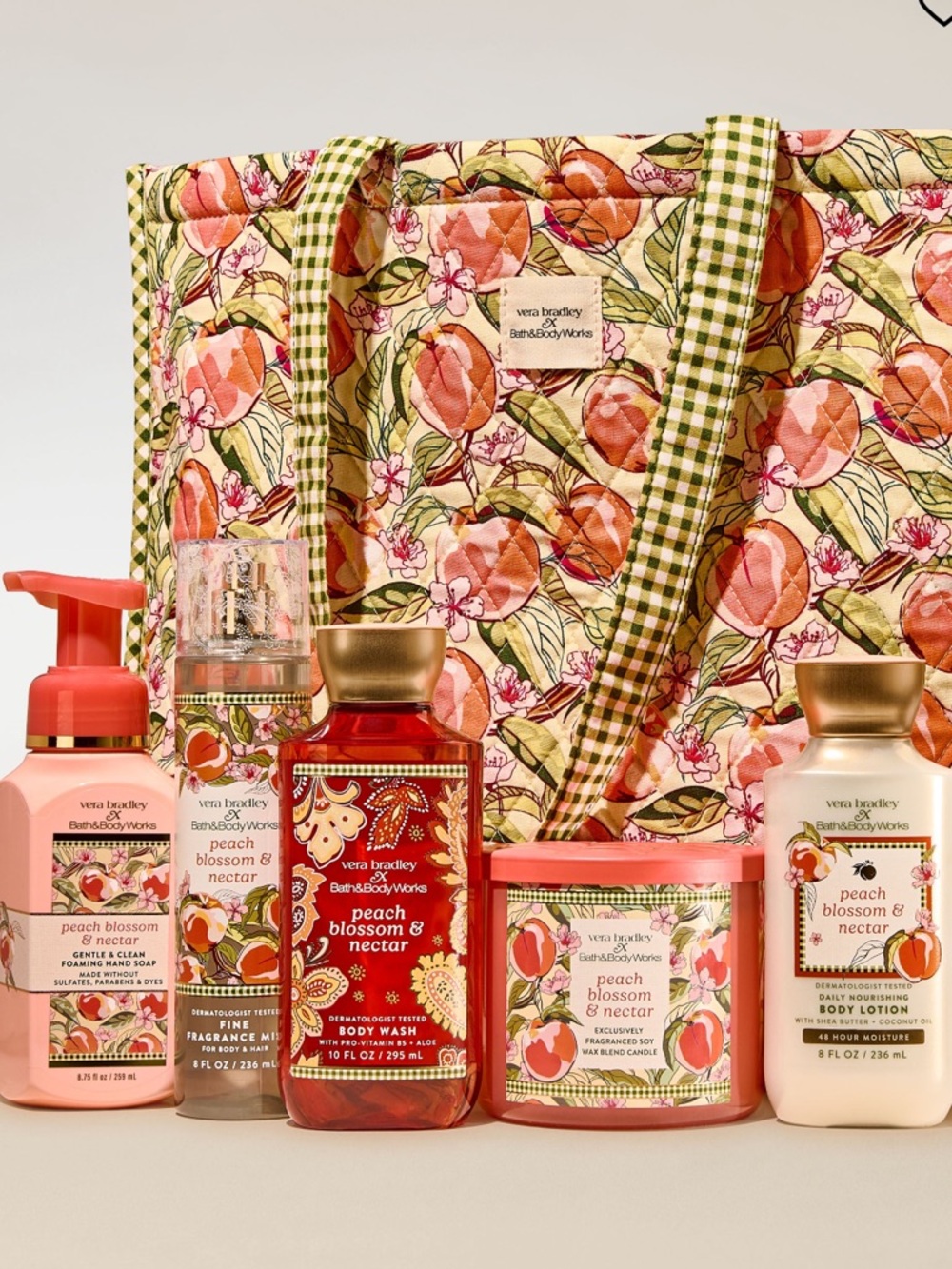 Bath & Body Works Vera Bradely Peach Blossom & Nectar 6 Piece  Bag Gift Set,